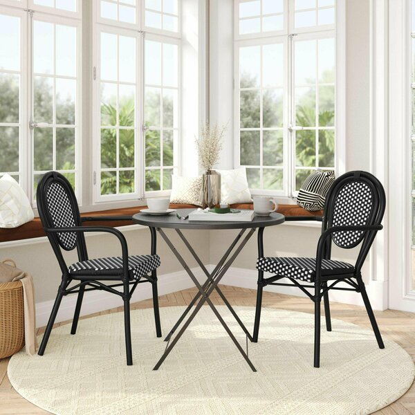 Flash Furniture Lourdes Thonet French Bistro Stacking Chair w/Arms, Blk and Wht PE Rattan and Black Alum Frame, 2PK 2-SDA-AD642002A-BKWH-BK-GG